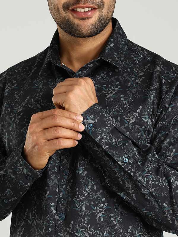 Indian Terrain Men's Regular Fit Full Sleeve Floral Print Navy Shirt